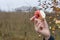 Bitten fresh apple in female hands. apples must be included in the fall diet