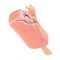 Bitten pink ice cream popsicle with glaze coating isolated on white