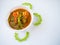 Bitter melon curry with Fresh Shrimp and Southern chili paste. On a white background.