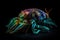 bizarre and colorful deep-sea creature surrounded by glowing bioluminescence