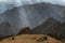 Bizarre mountainous landscape filmed against the light.