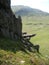 Bizarre rock face and green Hills at Glenshee Valley, Grampian Mountains, Scotland