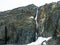 Bizarre rock formation. Alkefjellet, one of the largest and most spectacular bird cliffs on Svalbard.