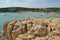 Bizarre sandstone rock formations and Livacina beach. Rab island, Croatia.