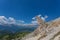 Bizarre shaped rocky peak near a hiking trail, Dolomites, Italy