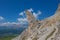Bizarre shaped rocky peak near a hiking trail, Dolomites, Italy