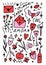 Bizarre Valentines day party characters set. Love letters, berries, flowers, wine bottle and glasses, lettering text