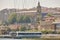 Bizkaia red iron hanging bridge and Nervion river. Euskadi