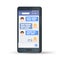 Black 3d mobile phone. Social network concept. Flat stylish smartphone. Messenger window. Chating and messaging concept. Blue chat