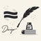 Black abstract isolated feather quill ink pen and word Design with ribbon banner and confetti