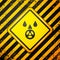 Black Acid rain and radioactive cloud icon isolated on yellow background. Effects of toxic air pollution on the