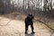 Black adult labrodor for walks in the park in spring in Ukraine in the city