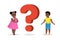 Black african american boy and girl stand near large question mark. Concept of getting knowledge by thoughtful young