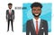 Black african american businessman with beard in formal suit. Full length portrait of Cartoon Businessman. Character for