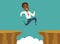 Black african american businessman jump over cliff gap, overcome the difficulty. Business concept