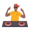 Black African American DJ man on musical party vector illustration. Cartoon flat male DJ character with turntable mixer