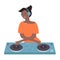 Black African American young DJ woman on musical party vector illustration. Cartoon flat female girl DJ character with