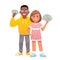 A black African boy and a white girl hold dollar bills in their hands. Small businessmen. Beautiful children with money