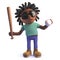 Black African cartoon character in 3d holding a baseball bat and ball