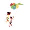 Black African and Caucasian boys running together with balloons, kite