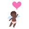 Black african happy cupid character with heart balloon