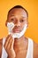 Black african man apply foam shaving after shower, do beauty skin procedures