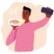 Black african man food blogger making photo selfie with salmon steak and lemon and rosemary for blog. Cute boy with smartphone