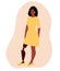 Black african woman with artificial leg stands smiling. Yellow dress. Cartoon vector illustration of disabled female with leg