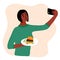 Black african woman food blogger making photo selfie with hamberger and sauce for blog. Cute girl with smartphone camera. Social