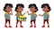 Black, Afro American Boy Kindergarten Kid Poses Set Vector. Character Playing. Childish. Casual Clothe. For Presentation
