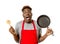 Black afro american man home cook in chef apron cooking pan and spoon lost and overworked