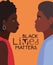 Black afro woman and man cartoons in side view with black lives matters text vector design