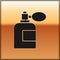 Black Aftershave bottle with atomizer icon isolated on gold background. Cologne spray icon. Male perfume bottle. Vector