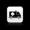 Black Ambulance and emergency car icon isolated on black background. Ambulance vehicle medical evacuation. Silver square