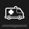 Black Ambulance and emergency car icon isolated on black background. Ambulance vehicle medical evacuation. Vector.