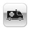 Black Ambulance and emergency car icon isolated on white background. Ambulance vehicle medical evacuation. Silver square