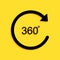 Black Angle 360 degrees icon isolated on yellow background. Rotation of 360 degrees. Geometry math symbol. Full rotation