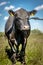 Black angus cow on grass in sunny day