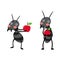 Black ants with red apples cartoon character.