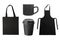 Black apron, tote bag, coffee cup, coffee mug on white