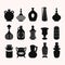 Black assorted silhouette trendy vases, containers, bowls, pots and jars abstract icons design elements set on light beige
