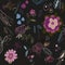 Black background with abstract flowers. Surreal floral pattern