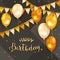 Black Background with Golden Birthday Balloons and Pennants