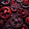 Black background with many dark red shiny gears. Generative AI