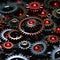 Black background with many dark red shiny gears. Generative AI