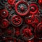 Black background with many dark red shiny gears. Generative AI