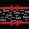 Black background with red ribbon and bow with the words sale .Sale Inscription.