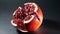 Black background, side view, in the middle of the photo an open pomegranate is seen