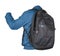 Black backpack dressed in a blue jacket isolated on a white background