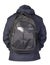 Black backpack dressed in a blue jacket isolated on a white background. r